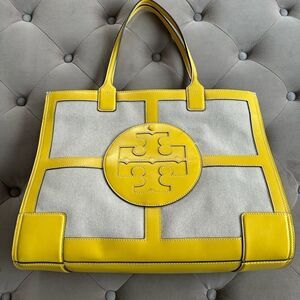 Tory Burch Leather Trim Canvas Tote Bag yellow